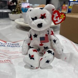 Ty Beanie Baby "Glory" Patriotic Bear - White with Red and Blue Stars